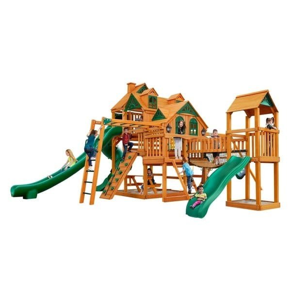 Gorilla Playsets Empire Extreme Wooden Swing Set with Monkey Bars Clatter Bridge and Tower and 3 Slides
